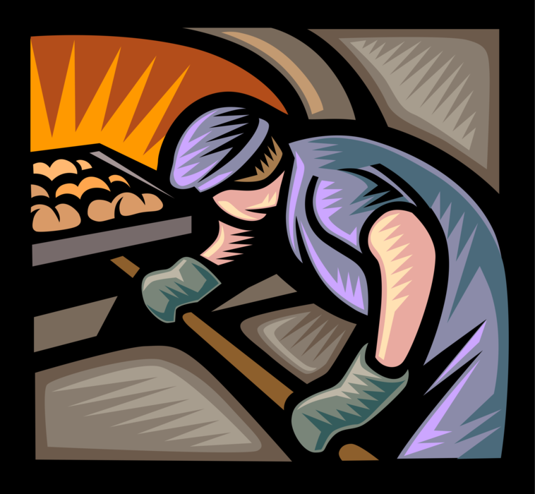 Vector Illustration of Baker Removes Oven-Baked Bread Loaves from Wood Fire Oven