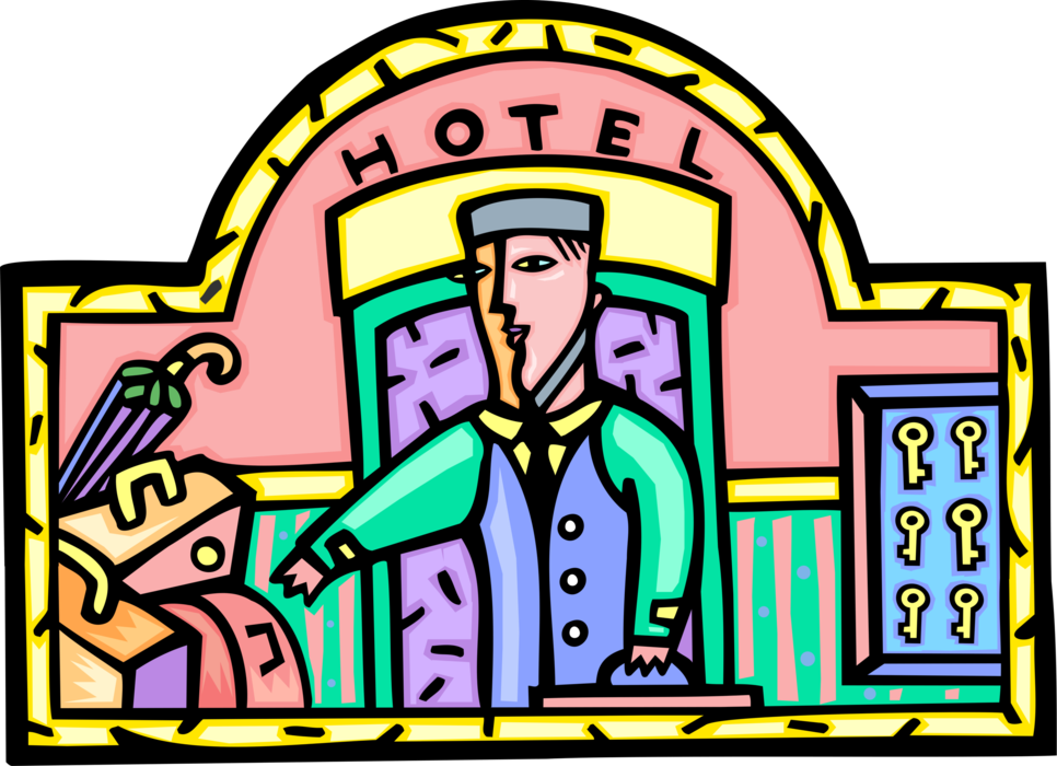 Vector Illustration of Hospitality Industry Hotel Concierge Bellhop Carries Guest Luggage Upon Arrival