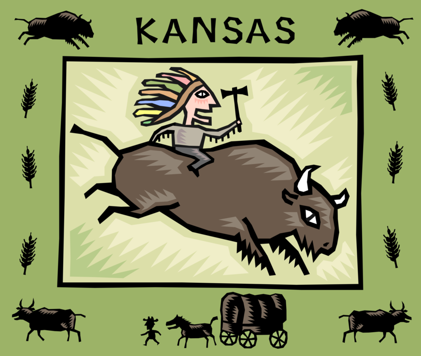 Vector Illustration of Kansas Great Plains Buffalo and Native American Indian Indigenous People