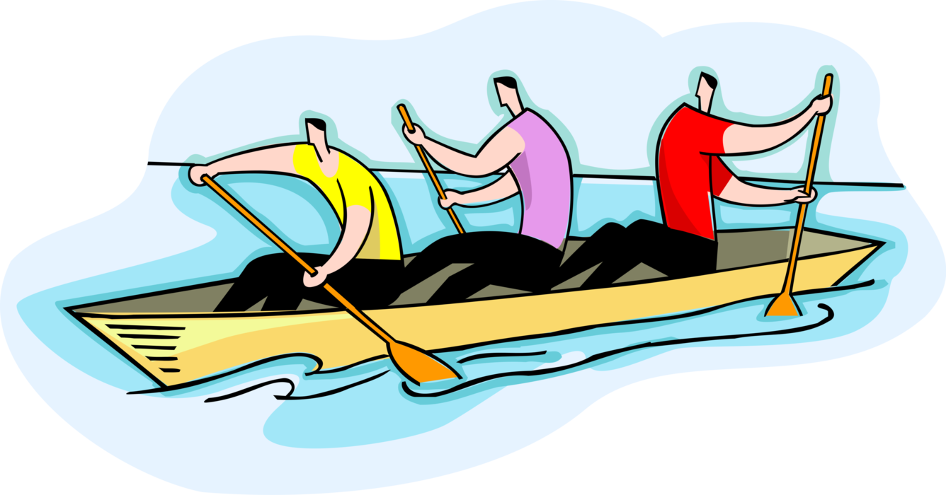 Vector Illustration of Three Canoeists Paddling Canoe on Water