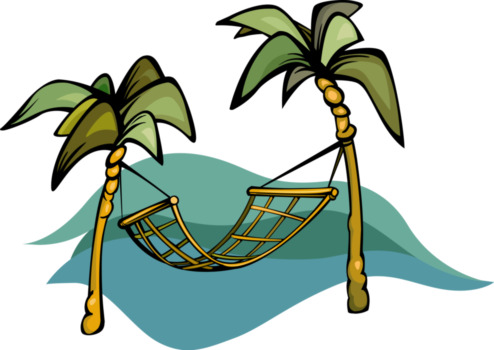 Vector Illustration of Hammock Between Palm Trees used for Swinging, Sleeping, or Resting