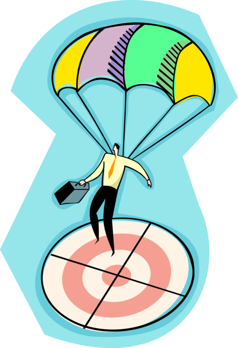 Vector Illustration of Businessman with Parachute Lands Directly on Target Bullseye or Bull's-Eye