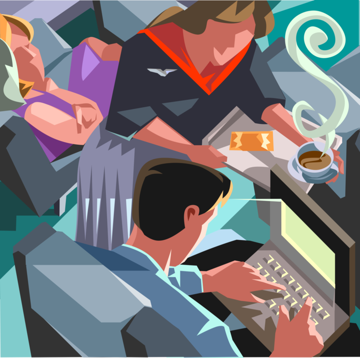 Vector Illustration of Stewardess Flight Attendant Serves Coffee to Working Man on Airplane