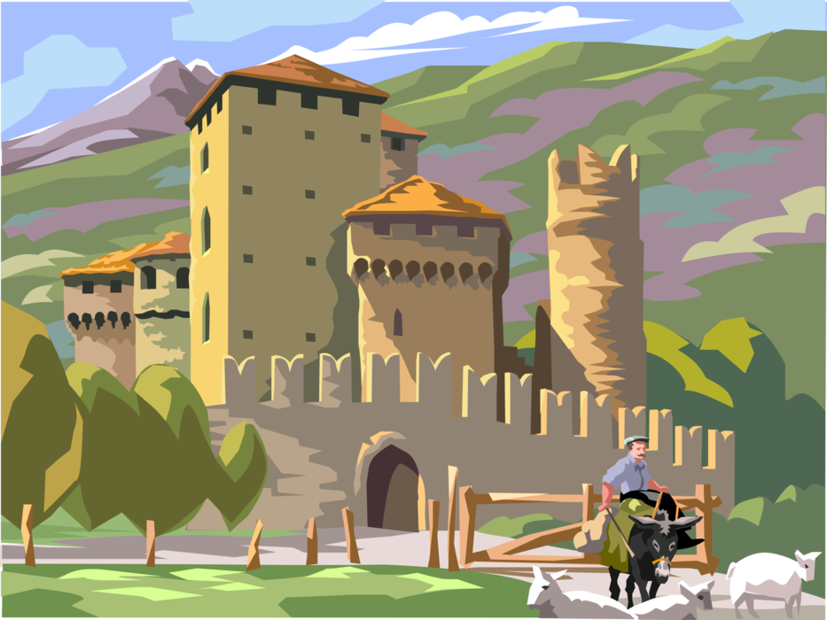 Vector Illustration of Fortified Castle in Countryside with Sheep Herder Riding Donkey