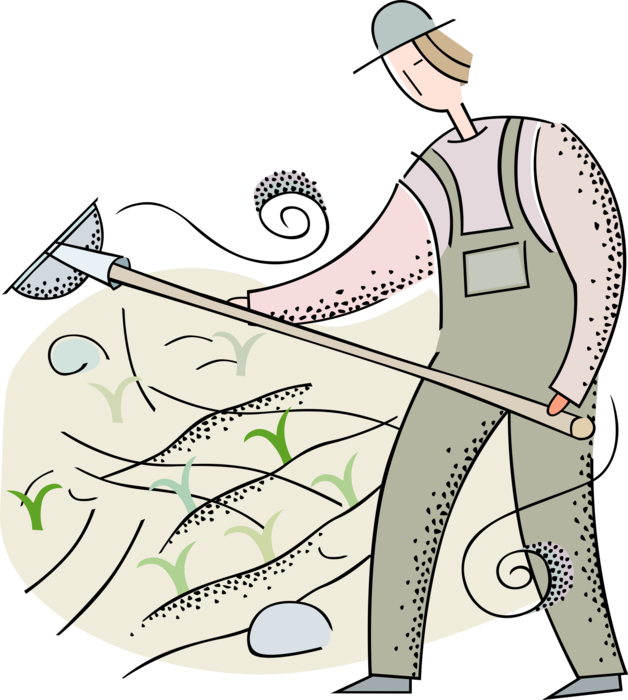 Vector Illustration of Farmer Works in Farm Field with Hoe to Shape the Soil