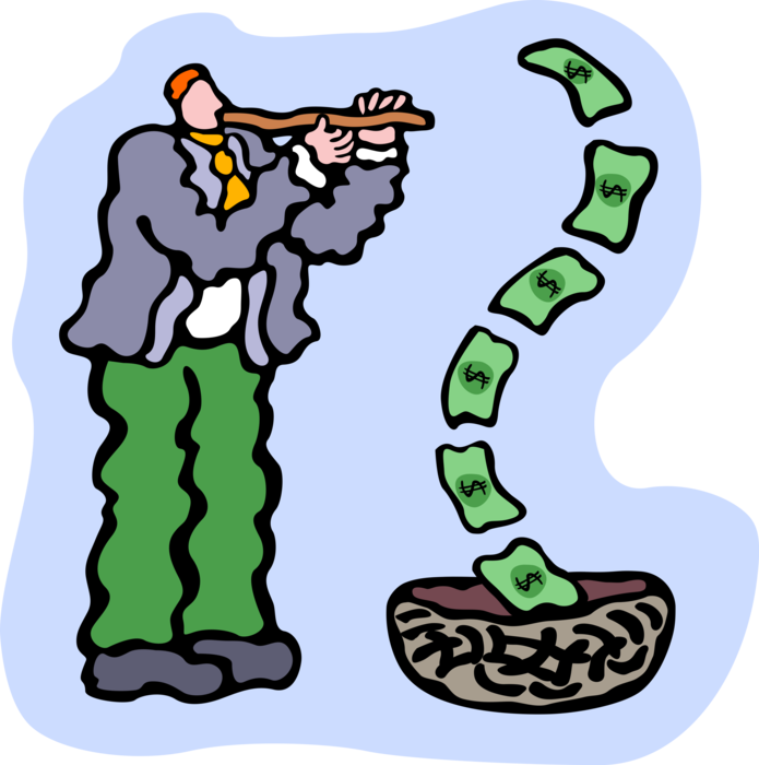 Vector Illustration of Businessman Snake Charmer Plays Bansuri to Hypnotize Cash Money Dollars