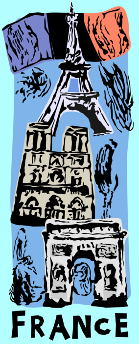 Vector Illustration of Arc de Triomphe, Notre Dame Cathedral and Eiffel Tower, Paris, France