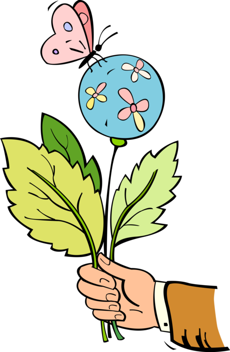 Vector Illustration of Hand Holding Leaves and Balloon with Butterfly Winged Insect