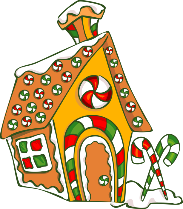 Vector Illustration of Gingerbread House with Candy Cane Peppermint Stick Candies