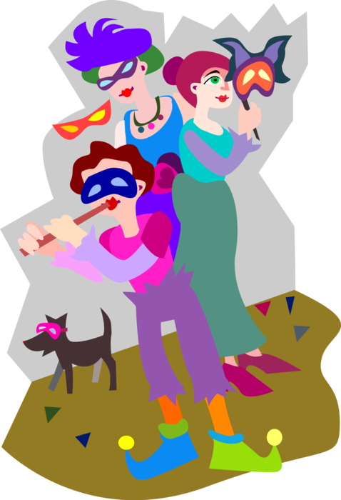 Vector Illustration of Masquerade Ball or Mardi Gras, Shrove Tuesday, or Fat Tuesday Party Goers with Masks