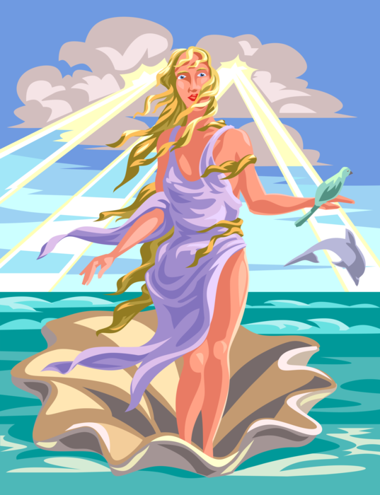 Vector Illustration of Greek Mythology Aphrodite, Goddess of Beauty and Love Born Out of Waves
