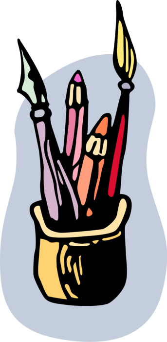 Vector Illustration of Artist's Brushes and Drawing Pencil Writing Instruments