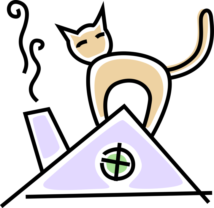 Vector Illustration of Domestic Cat Stands on House Roof with Chimney