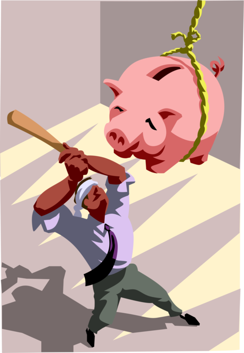 Vector Illustration of Blindfolded Businessman Batting Piñata Pinate Piggy Bank with Baseball Bat