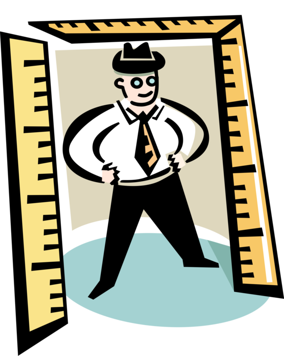 Vector Illustration of Businessman Stands in Doorway of Measurement Rulers