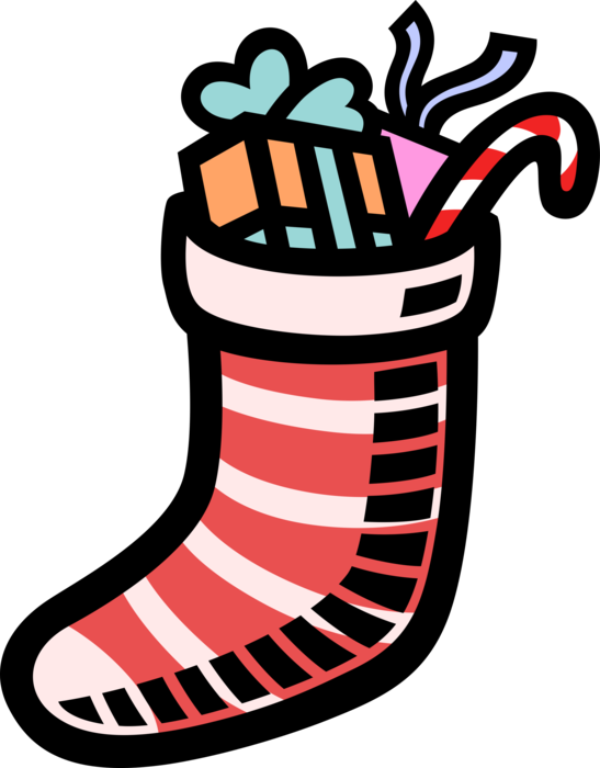 Vector Illustration of Festive Season Christmas Stocking with Gifts and Candy Cane