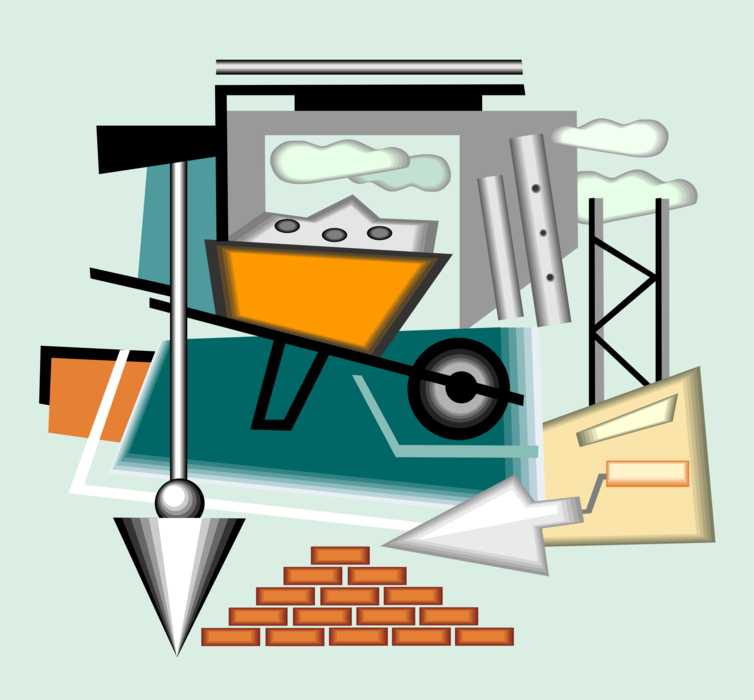 Vector Illustration of Masonry Construction Equipment with Wheelbarrow, Bricks and Plumb Bob