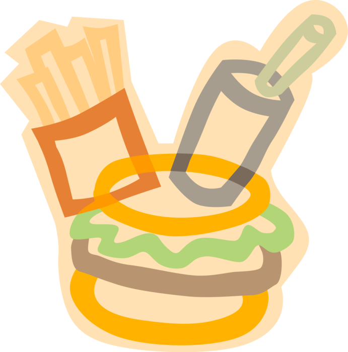 Vector Illustration of Fast Food Hamburger Meal with French Fries and Soda Soft Drink