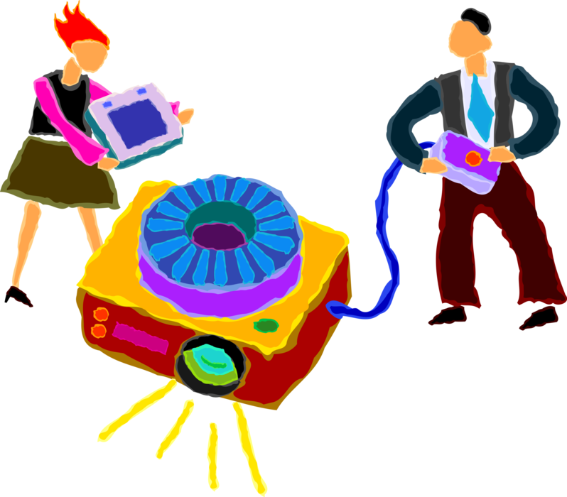 Vector Illustration of School Classroom Presentation with Slide Projector Showing Photographic 35mm Slides