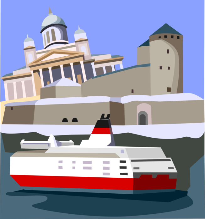 Vector Illustration of Cathedral Tuomiokirkko, Helsinki's Senate Square, with Olavinlinna Medieval Fortress, Finland