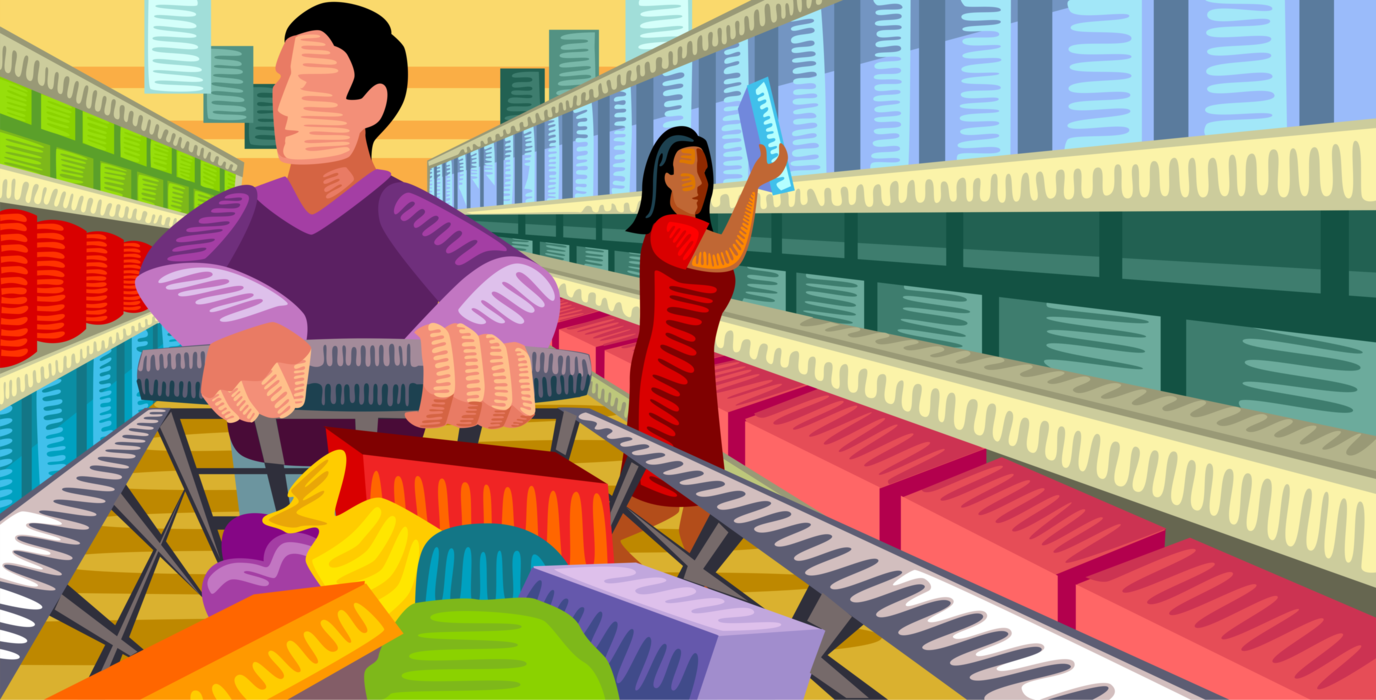 Vector Illustration of Couple Grocery Shopping in Supermarket with Cart