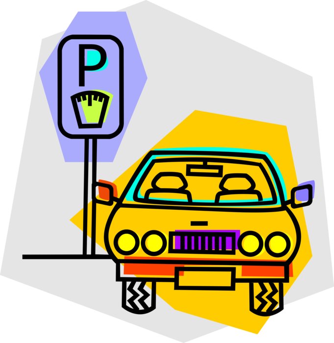 Vector Illustration of Automobile Car Parked at Designated Parking Meter on Street