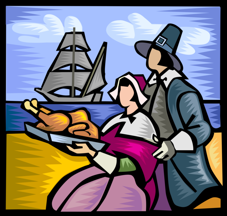 Vector Illustration of Pilgrim Pioneers with First Thanksgiving Turkey Meal and Sailing Vessel Ship