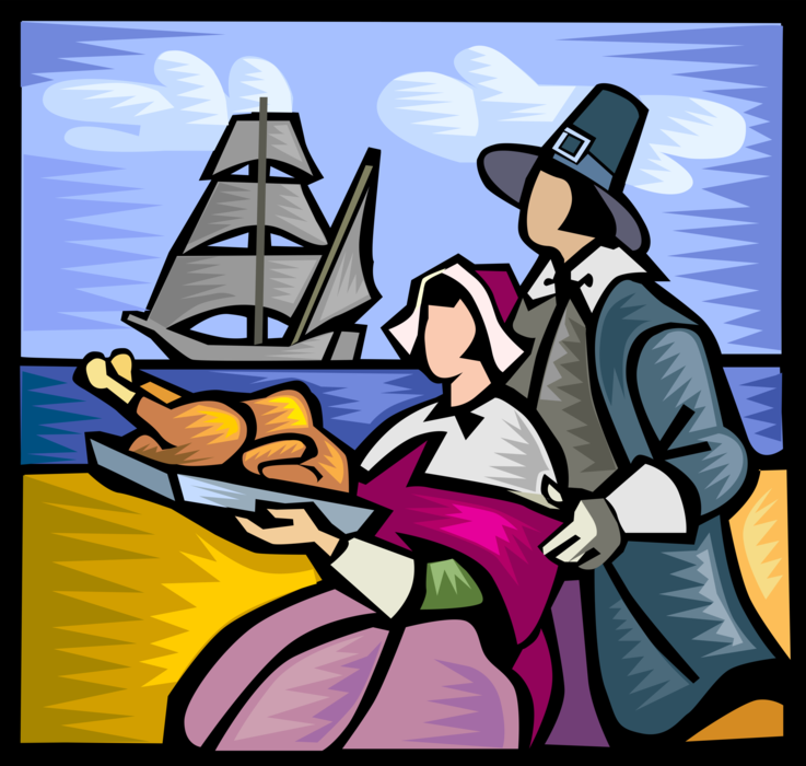 Vector Illustration of Pilgrim Pioneers with First Thanksgiving Turkey Meal and Sailing Vessel Ship