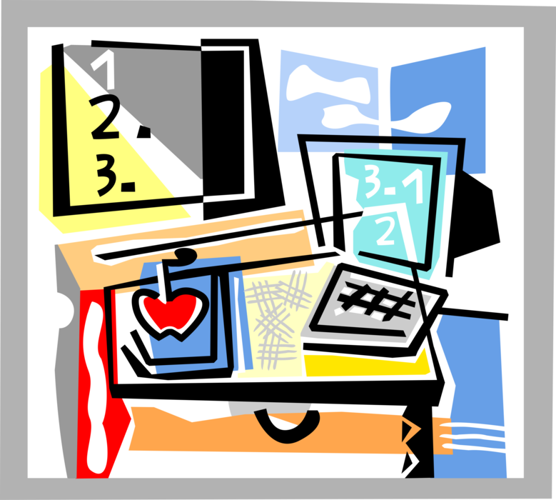Vector Illustration of School Classroom Desk with Computer, Textbooks, and Blackboard