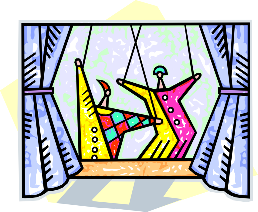Vector Illustration of Puppets Performing and Entertaining Audience on Theatre or Theater Stage