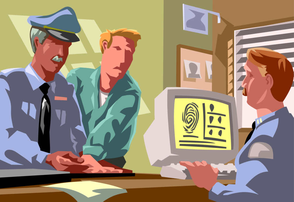 Vector Illustration of Law Enforcement Police Officers Fingerprint and Book Criminal Suspect