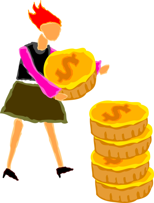 Vector Illustration of Woman Stacking Money Currency Coins