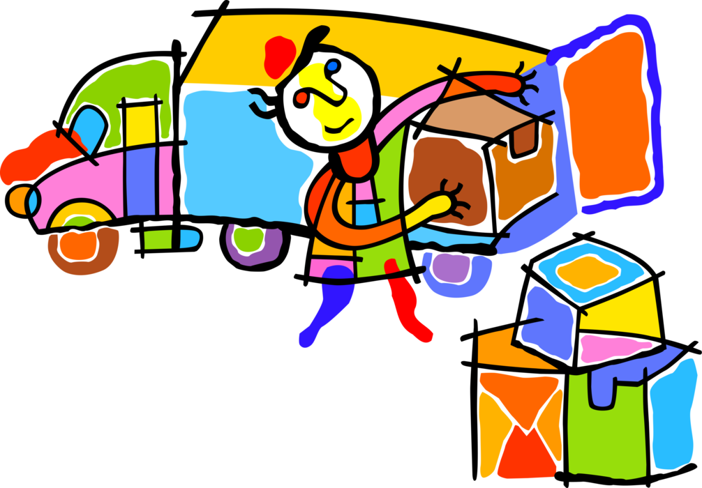 Vector Illustration of Unloading Boxes from Commercial Shipping and Delivery Transport Truck Vehicle