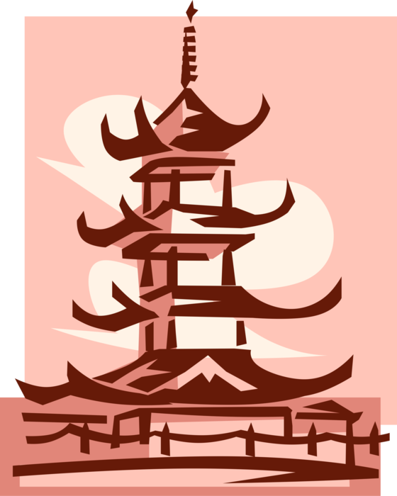 Vector Illustration of Japanese Pagoda Temple or Sacred Structure