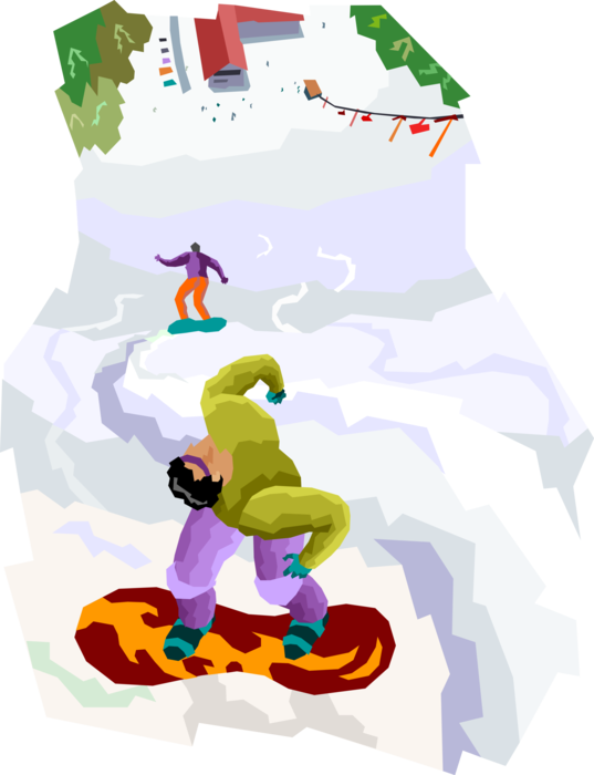 Vector Illustration of Snowboarders Snowboarding Down Steep Mountain Terrain with Snowboards