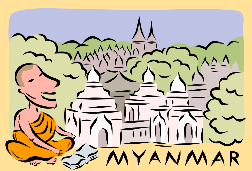 Vector Illustration of Myanmar Monk Studies Buddhism with Buddhist Temple