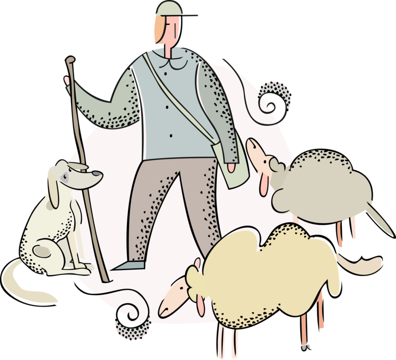 Vector Illustration of Shepherd Sheepherder Tends, Herds, Feeds, Guards Herd of Sheep