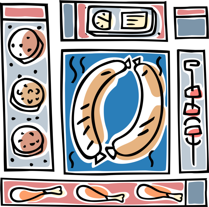 Vector Illustration of Barbecue Sausage Franks, Chicken Legs, Hamburgers and Shish Kabob