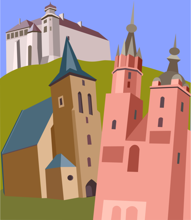 Vector Illustration of Saint Mary's Basilica, Wawel Castle, Krakow, Lutheran Church, Lutsk, Poland