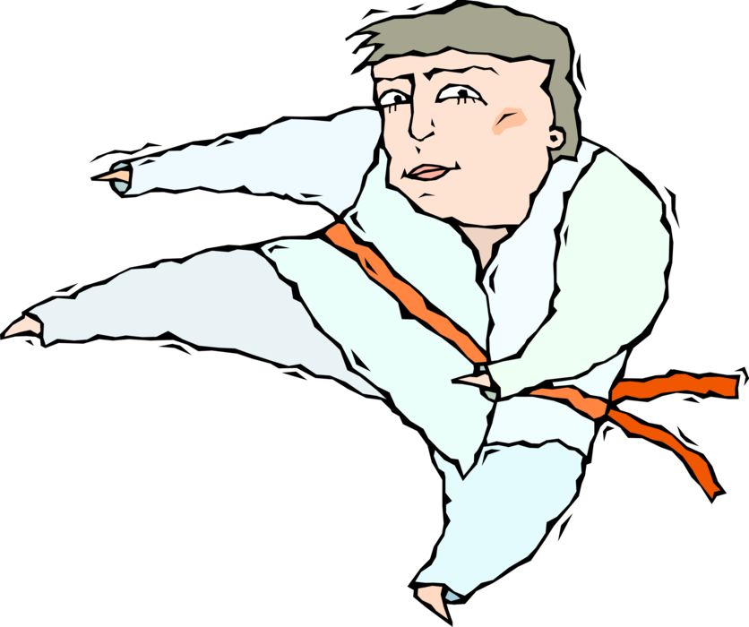 Vector Illustration of Self-Defense Martial Artist Performing Flying Kick