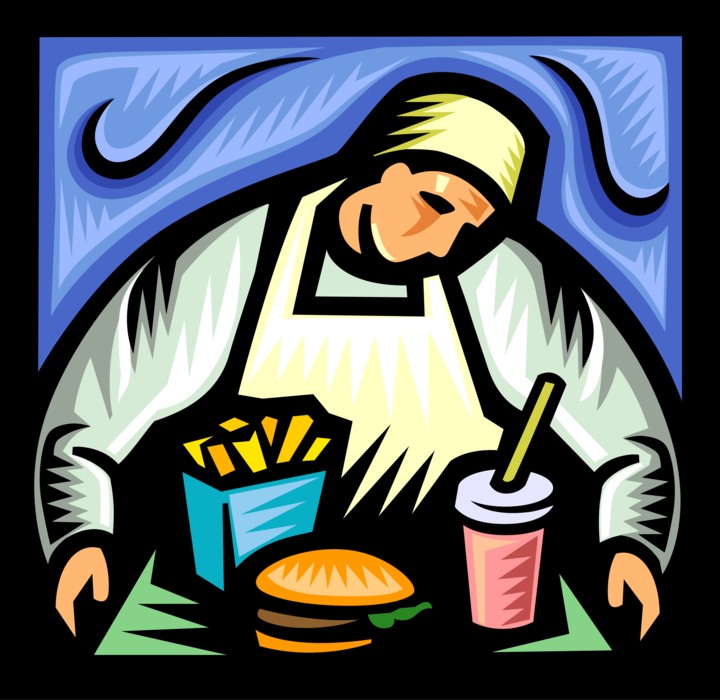 Vector Illustration of Fast Food Server with Hamburger, French Fries, and Soft Drink Soda on Food Tray