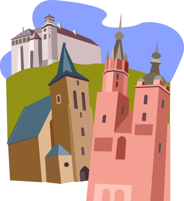 Vector Illustration of Saint Mary's Basilica, Wawel Castle, Krakow, Lutheran Church, Lutsk, Poland