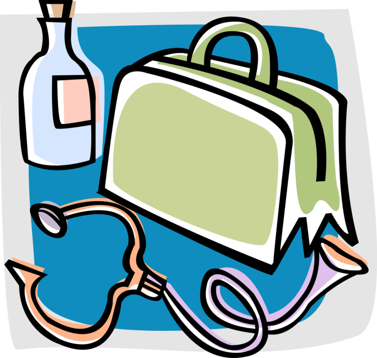 Vector Illustration of Medical Physician Doctor's Travel Bag with Stethoscope and Medicine