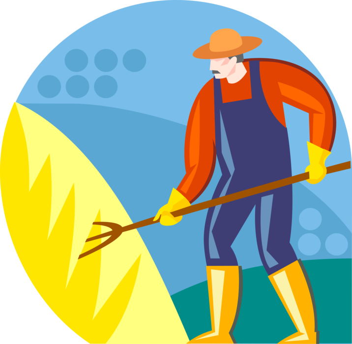 Vector Illustration of Farmer Pitches Hay with Pitchfork on Farm