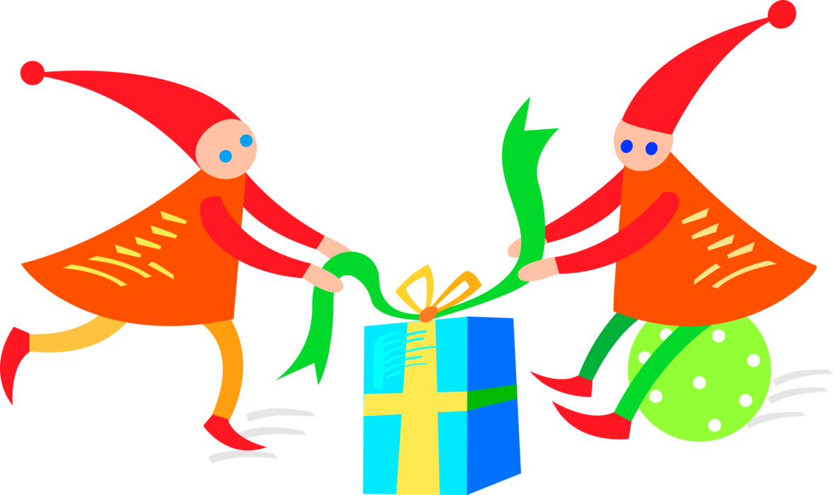 Vector Illustration of Holiday Festive Season Christmas Elves with Gift Wrapped Present