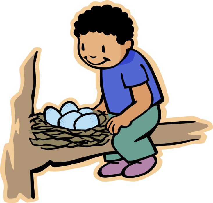 Vector Illustration of Primary or Elementary School Student Boy with Bird Nest with Blue Robbin Eggs Ready to Hatch