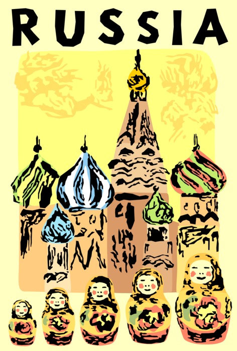 Vector Illustration of St Basil's Christian Church Cathedral, Moscow and Matryoshka Dolls