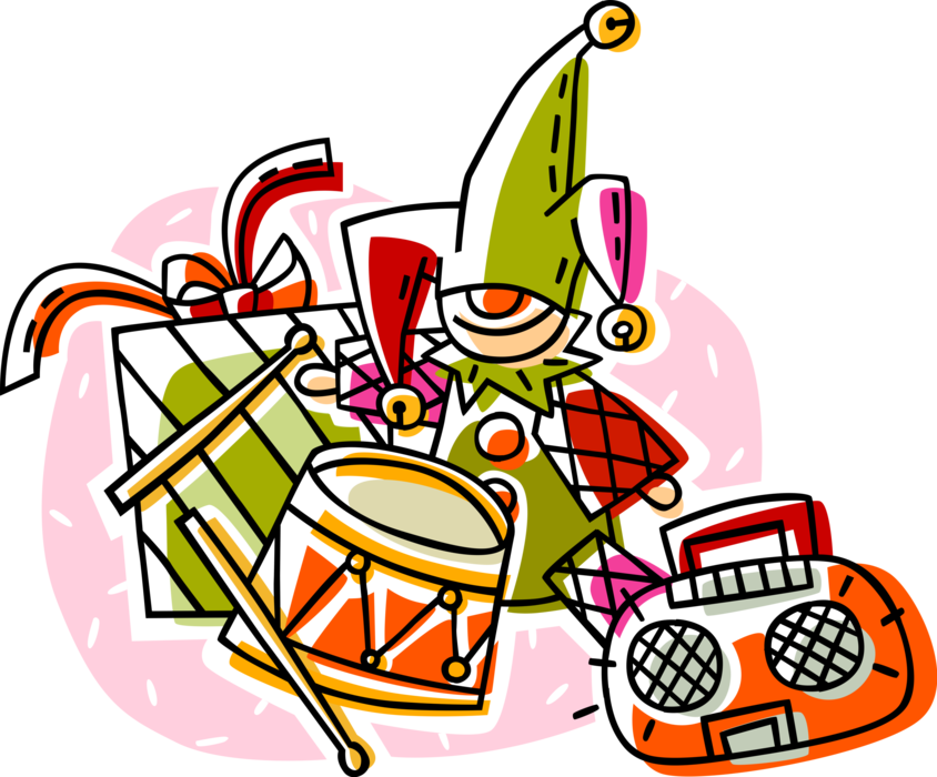 Vector Illustration of Court Jester Toy Doll with Gift Wrapped Presents, Drum and Toys