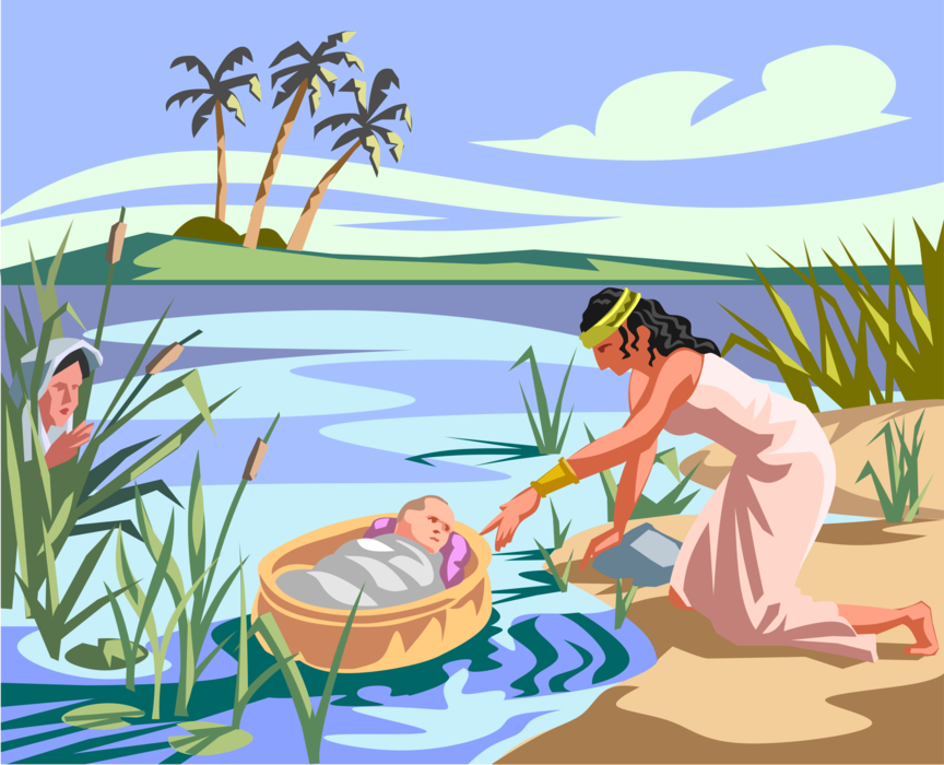 Vector Illustration of Moses As Baby, Found in the Reeds by Pharaoh's Daughter Biblical Story
