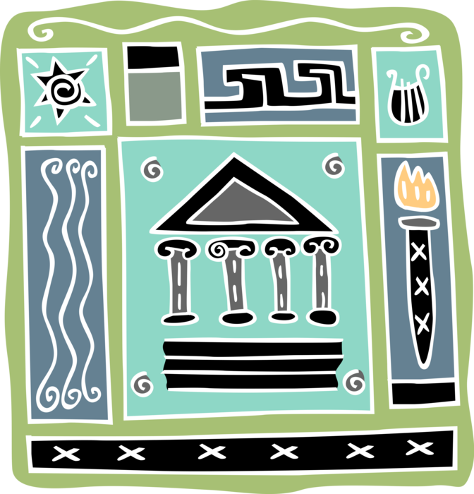 Vector Illustration of Greece Architecture, Classical Greek Acropolis Parthenon, Olympic Flame and Lyre